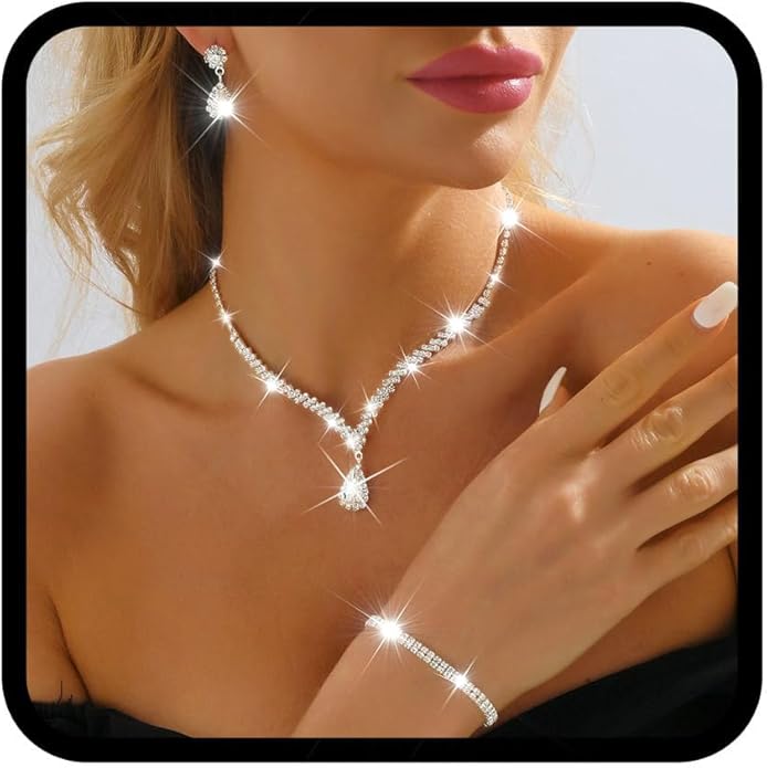 Nicute Teardrop Earrings Jewelry Set Cluster Necklace Bracelet Sparkly Prom Wedding Costume Jewelry for Women - Voxly3d