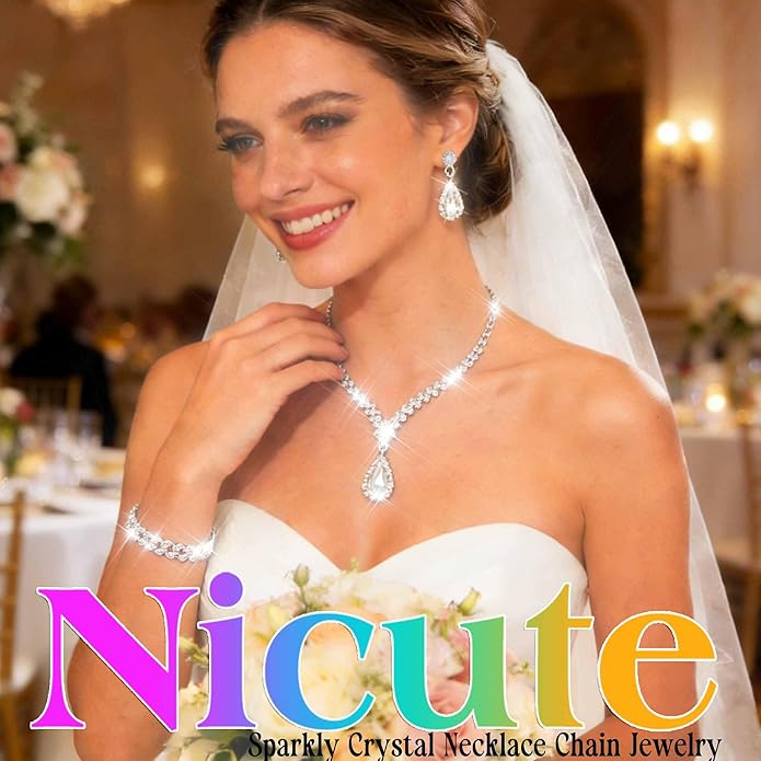 Nicute Teardrop Earrings Jewelry Set Cluster Necklace Bracelet Sparkly Prom Wedding Costume Jewelry for Women - Voxly3d