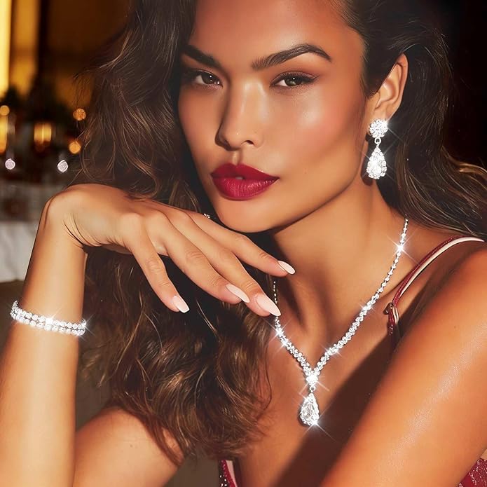 Nicute Teardrop Earrings Jewelry Set Cluster Necklace Bracelet Sparkly Prom Wedding Costume Jewelry for Women - Voxly3d