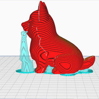 3D model of a red cat and a blue object on a grid background
