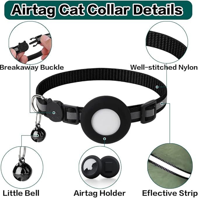 Airtag Cat Collar Breakaway, Reflective Kitten Collar with Apple Air Tag Holder and Bell for Girl Boy Cats, 0.4 Inches in Width and Lightweight(Black) - Voxly3d
