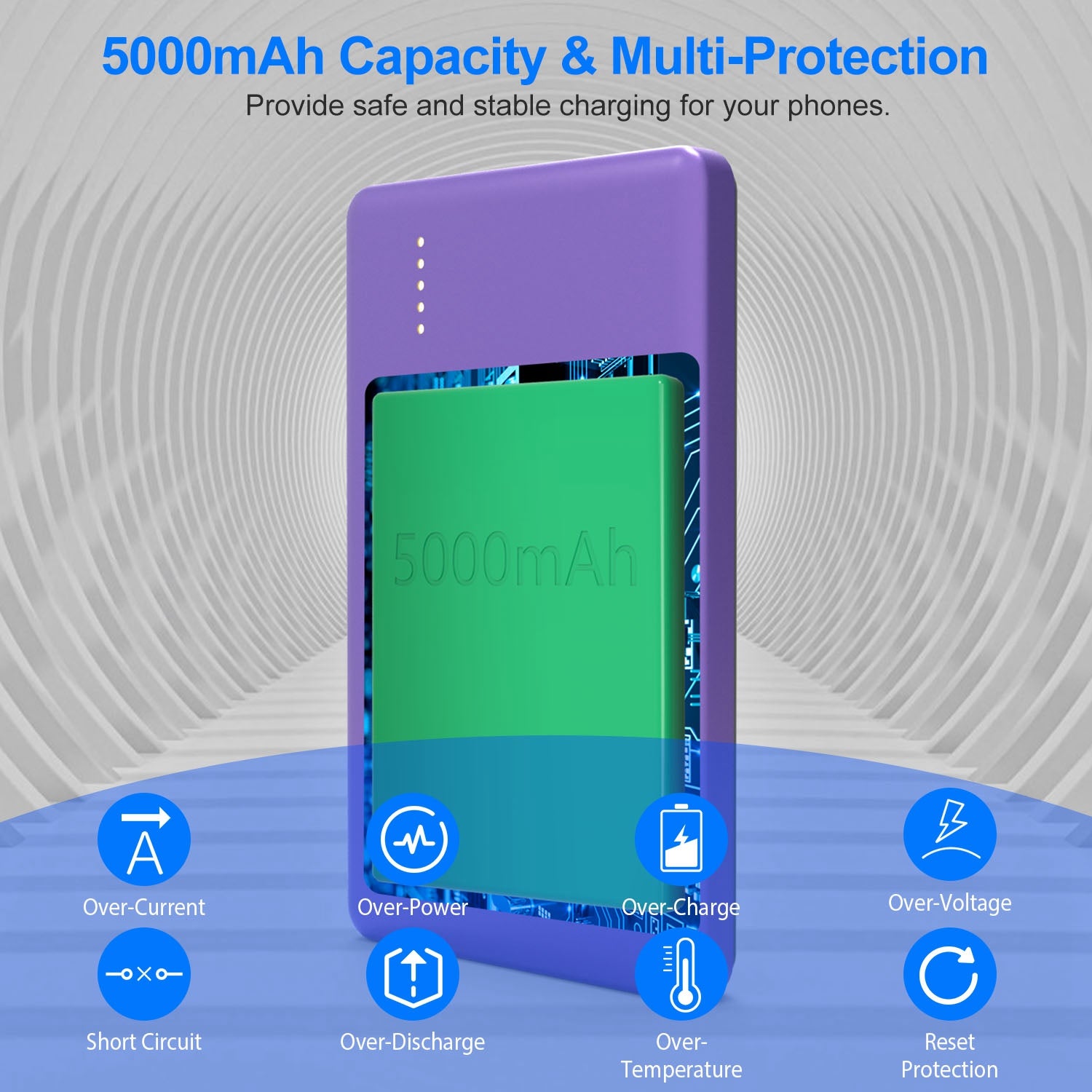 Purple and green power bank with 5000mAh capacity on a blue and gray background