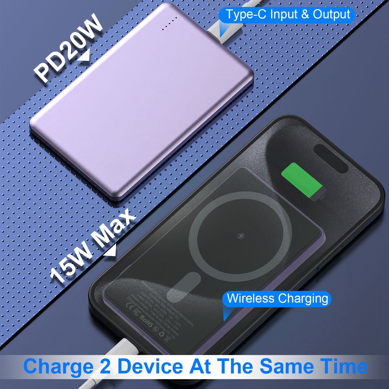 Wireless charging device with smartphone on a blue textured background